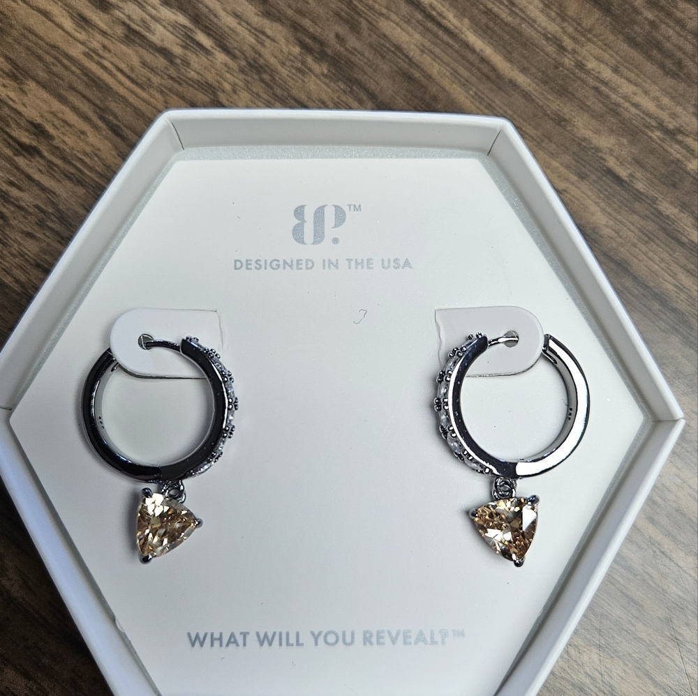 Bomb Party (BP) Smokey Topaz Cubic Zirconia With Hematite Plating Earrings.